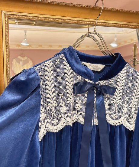 80s vintage lace&satin ribbon velours dress