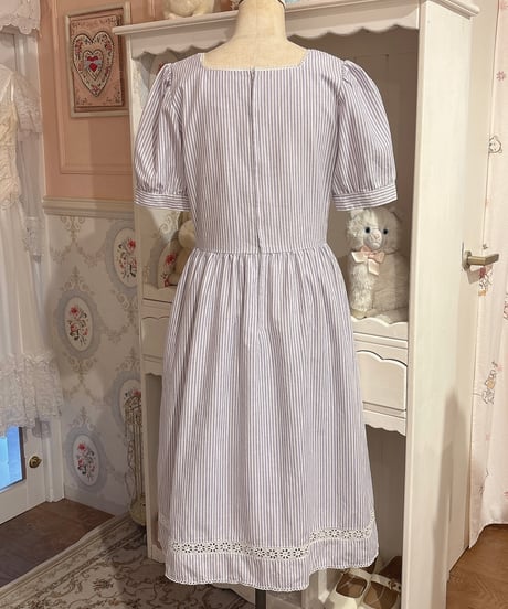 80s vintage lace square neck stripe dress