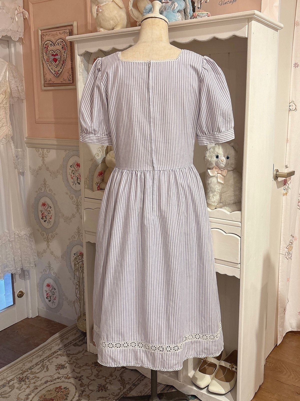 80s vintage lace square neck stripe dress | HARDYS