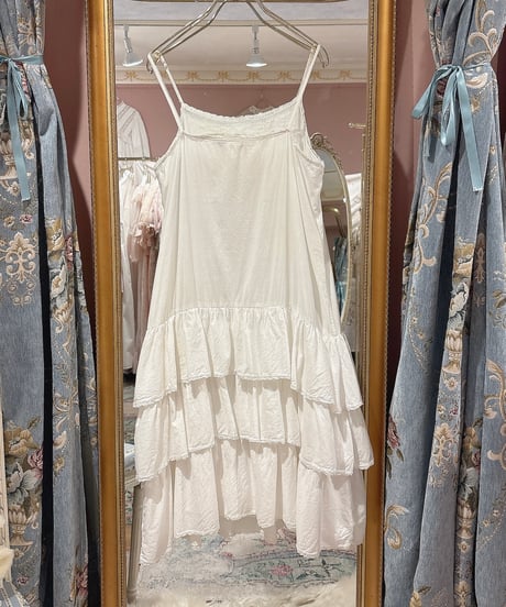 70s vintage low-waist gather frill tiered camisole dress
