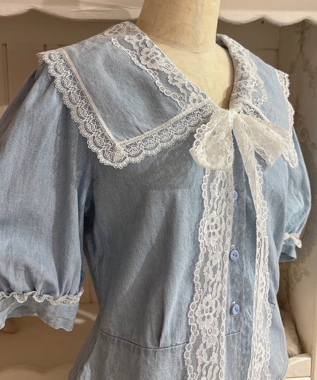80s vintage sailor collar denim blouse