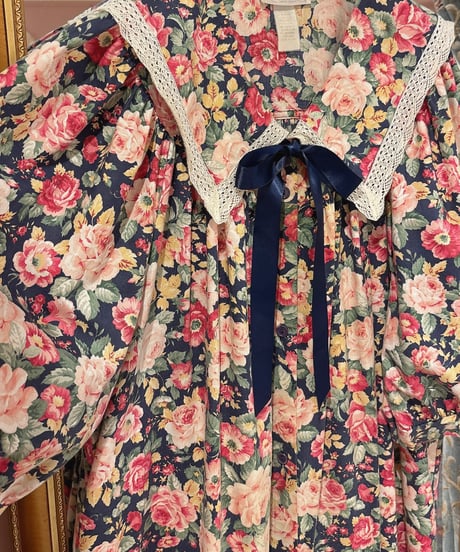 80s vintage sailor collar flower pattern dress
