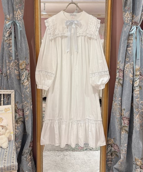 70s vintage sailor collar white cotton dress