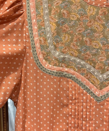 70s vintage patch work puff sleeve dress