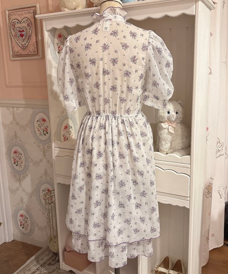70s vintage purple flower frill dress