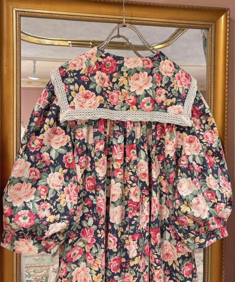80s vintage sailor collar flower pattern dress