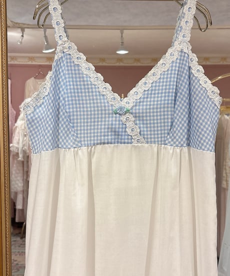 70s vintage gingham check×lace camisole dress