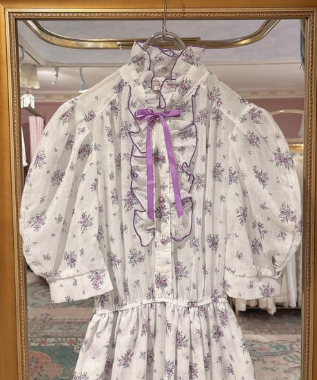 70s vintage purple flower frill dress