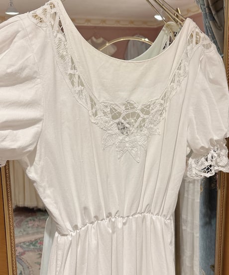 80s vintage puff sleeve batten lace white dress