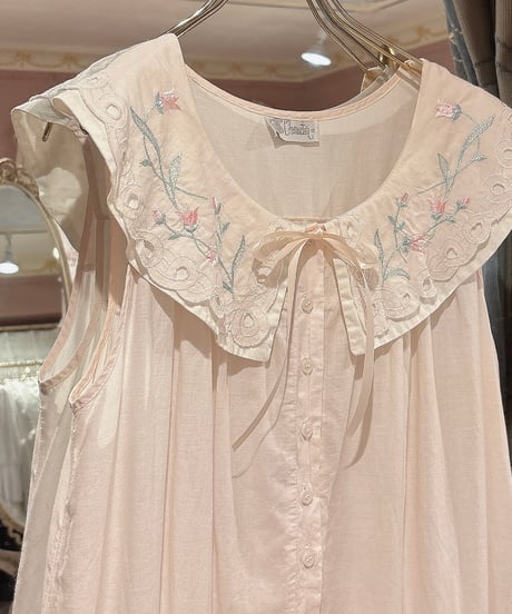 80s vintage flower embroidered collar no sleeve dress