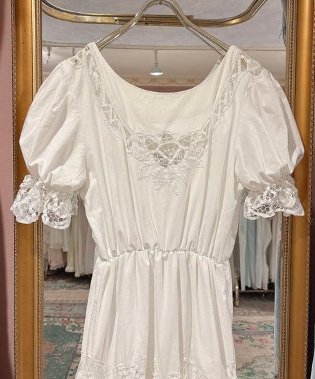 80s vintage puff sleeve batten lace white dress