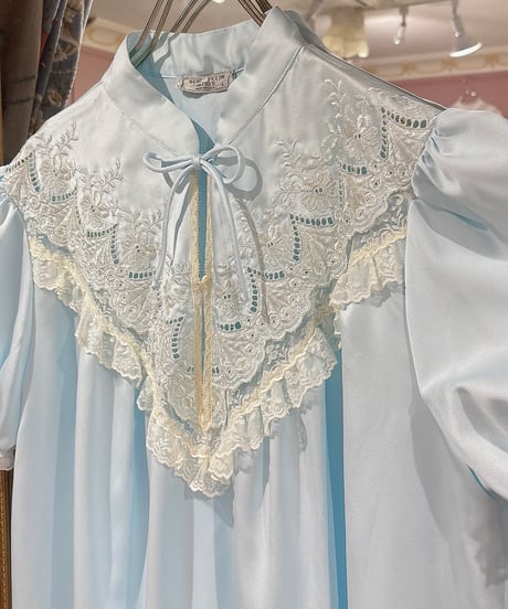 60s vintage lace&flower embroidered satin dress