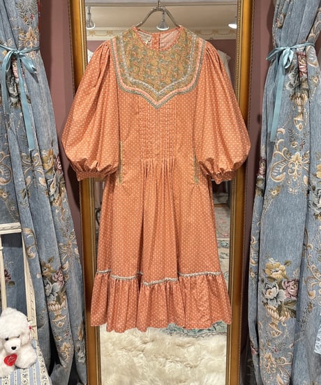 70s vintage patch work puff sleeve dress