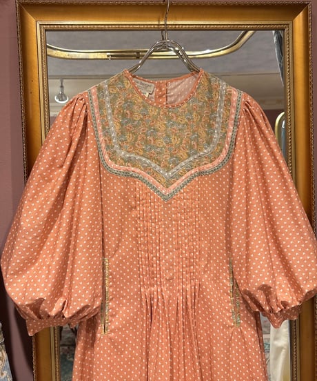 70s vintage patch work puff sleeve dress