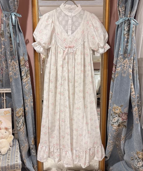 80s vintage ribbon&rose pattern dress