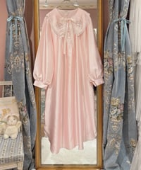 80s vintage satin ribbon&flower embroidered collar satin dress