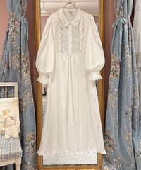 70s vintage flower smocking&embroidered white cotton dress