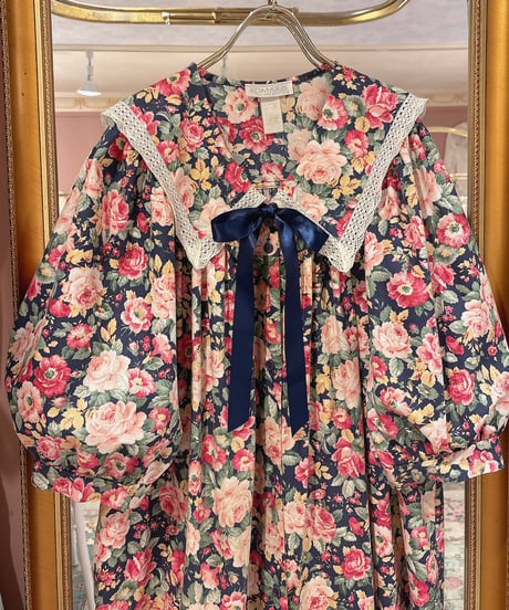 80s vintage sailor collar flower pattern dress