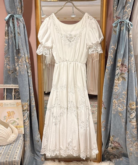80s vintage puff sleeve batten lace white dress