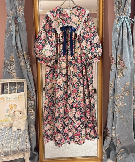 80s vintage sailor collar flower pattern dress