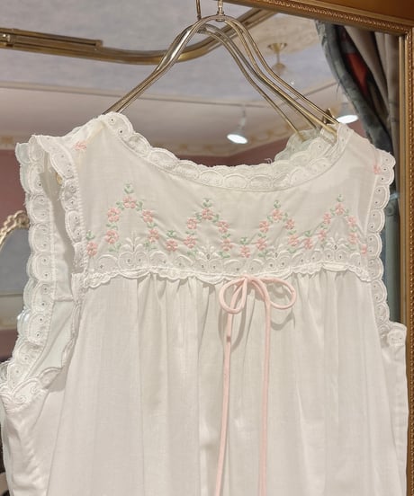 80s vintage pink flower embroidered no sleeves dress