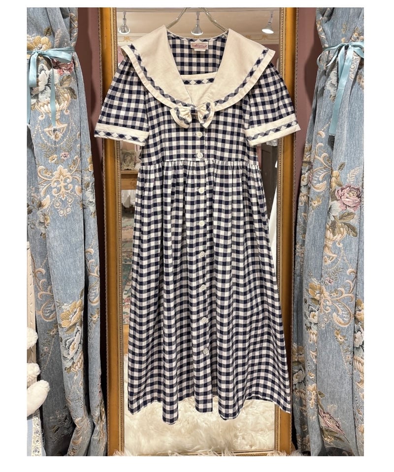 70s vintage gingham check sailor collar dress |