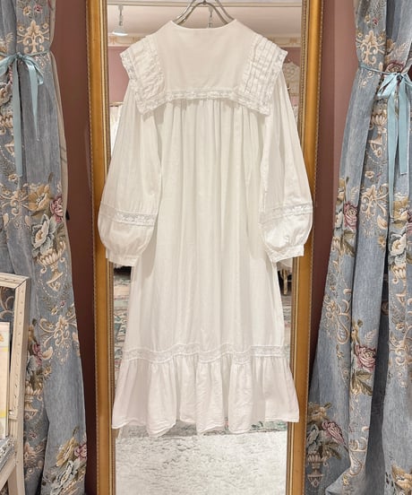 70s vintage sailor collar white cotton dress