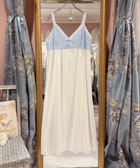 70s vintage gingham check×lace camisole dress