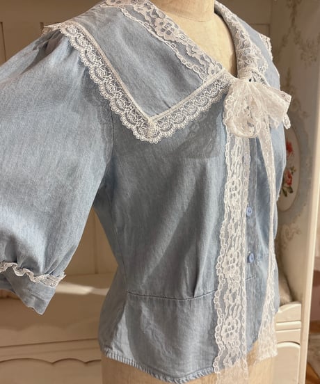 80s vintage sailor collar denim blouse