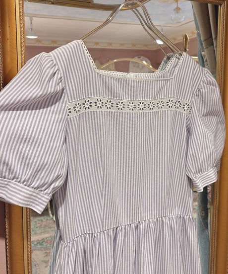 80s vintage lace square neck stripe dress