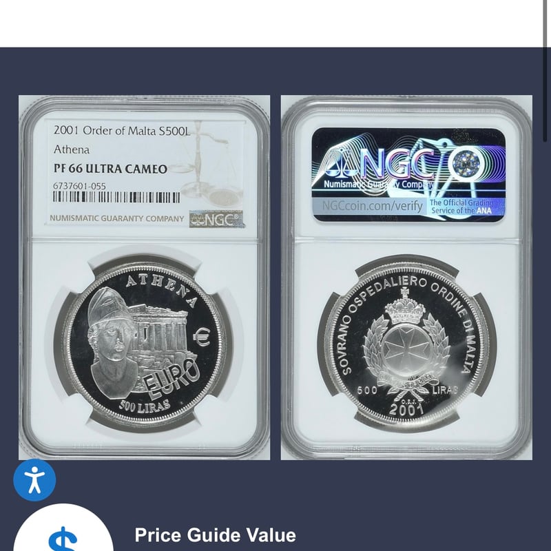 マルタ騎士団 2001年 アテネ 500リラ銀貨 シルバー プルーフコイン NGC
