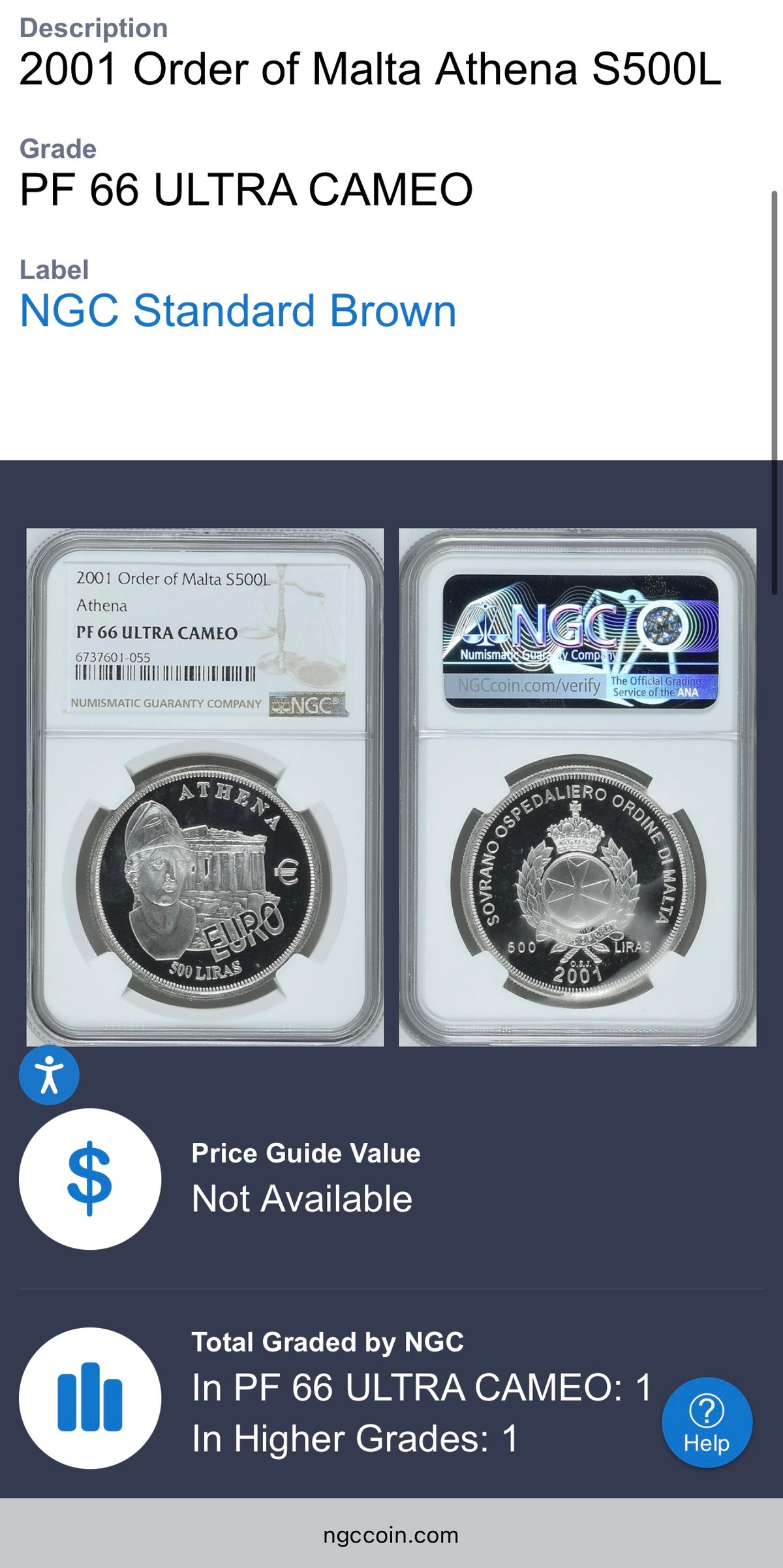 マルタ騎士団 2001年 アテネ 500リラ銀貨 シルバー プルーフコイン NGC