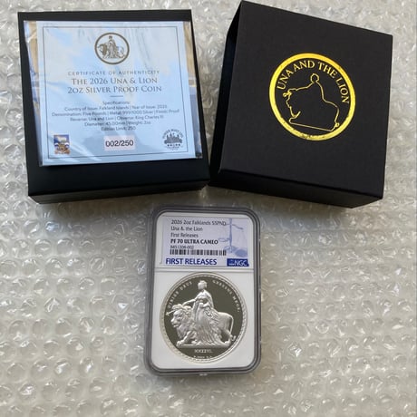 【枚数レア】 2oz・NGC鑑定PF70+FR 2026年 フォークランド諸島 ウナとライオン 2オンス銀貨 シルバー プルーフコイン イギリス Falkland Una Lion