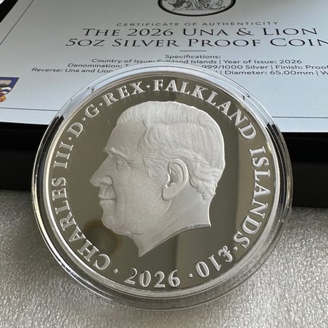 2026年 フォークランド諸島 ウナとライオン 5オンス銀貨 シルバー プルーフコイン イギリス 英国 ウィリアム・ワイオンデザイン Falklands Wyon's Una & the Lion
