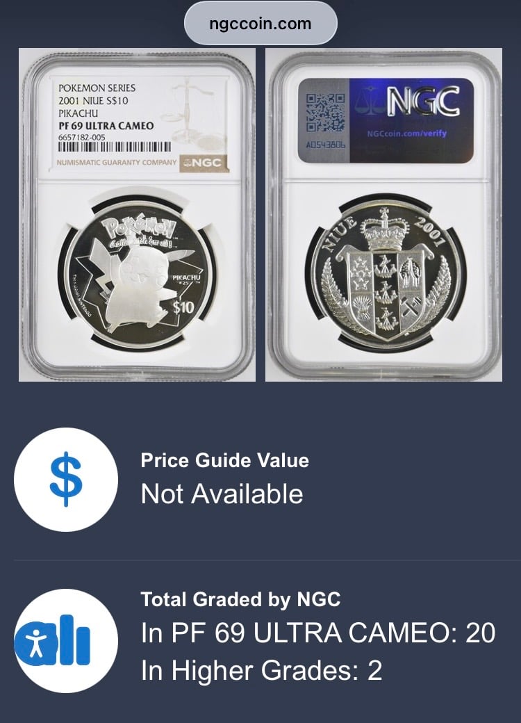 NGC鑑定PF69】 ニウエ 2001年 ポケモン ピカチュウ 10ドル銀貨