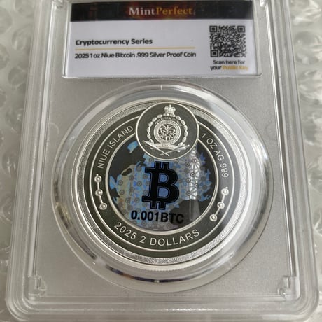 【※0.001BTCが内蔵】ビットコイン モチーフ ミントパーフェクトスラブ入り 2025年 ニウエ国 2ドル 1オンス銀貨 シルバー プルーフコイン 暗号資産 暗号通貨