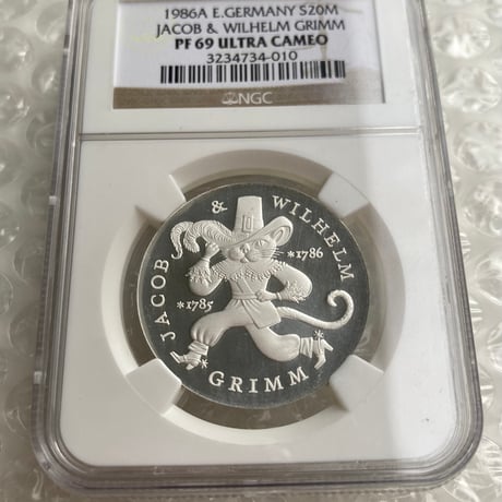 最高鑑定評価 NGC鑑定PF69 東ドイツ 1986年 20マルク銀貨 長靴をはいた猫 シルバー プルーフコイン グリム童話 グリム兄弟生誕200周年