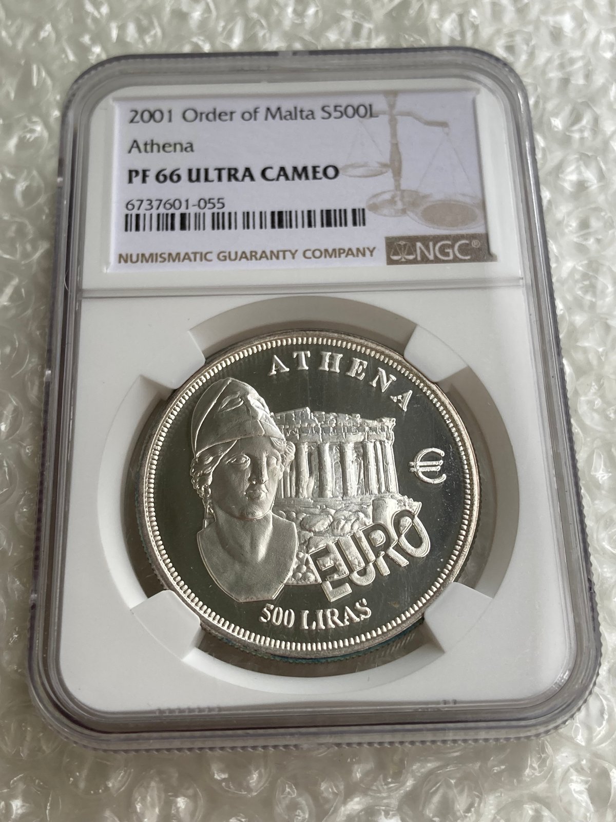 マルタ騎士団 2001年 アテネ 500リラ銀貨 シルバー プルーフコイン NGC