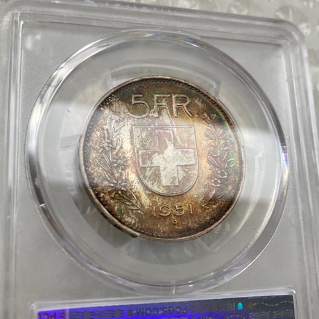 【レインボートーン・両面】  PCGS鑑定MS65 スイス ウィリアム・テル 1951年 5フラン銀貨 シルバー アンティークコイン モダンコイン