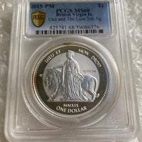 ピエフォー・2オンス版 PCGS鑑定MS68 ウナとライオン 2019年 イギリス領 ヴァージン諸島 2oz 1ドル銀貨 シルバーコイン リバースプルーフ BVI Una Lion Piedfort