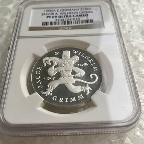 最高鑑定評価 NGC鑑定PF69 東ドイツ 1986年 20マルク銀貨 長靴をはいた猫 シルバー プルーフコイン グリム童話 グリム兄弟生誕200周年