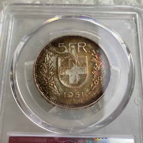 【レインボートーン・両面】  PCGS鑑定MS65 スイス ウィリアム・テル 1951年 5フラン銀貨 シルバー アンティークコイン モダンコイン