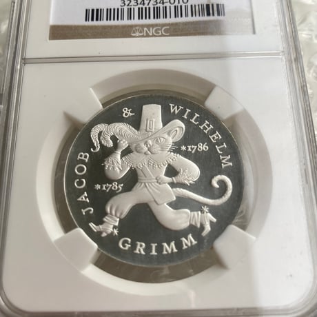 最高鑑定評価 NGC鑑定PF69 東ドイツ 1986年 20マルク銀貨 長靴をはいた猫 シルバー プルーフコイン グリム童話 グリム兄弟生誕200周年