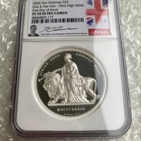 【2oz・FDI・UHR・COA用紙あり】 NGC鑑定PF70+発行即日鑑定 ウナとライオン 2025年 イギリス領オルダニー島 ウルトラハイレリーフ 2オンス銀貨 シルバー プルーフコイン