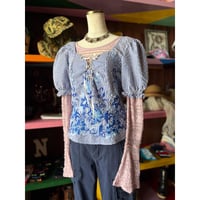 FLOWER EMBROIDERY STRIPE BLOUSE [S-4814]