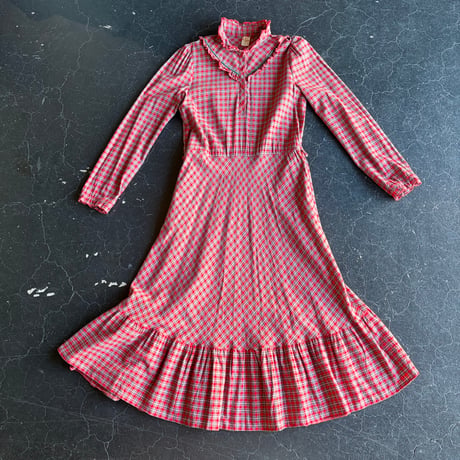 70'S CHECK FRILL LONG DRESS [S-4924]