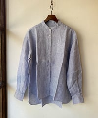 シャツ Hands of creation ハンズオブクリエイション バードマンコンチネンタルリネンストライプ シンプルバンドカラーシャツ オフ×ブラック 1640644