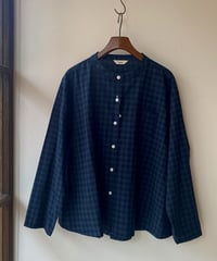 シャツ parkes パークス 綿麻クラシックチェックフレア はおりポケット付きシャツ ネイビー系 PN2621008