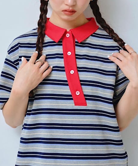 【HCAE】 ASYMMETRIC PLACKET STRIPED POLO　E27S0012