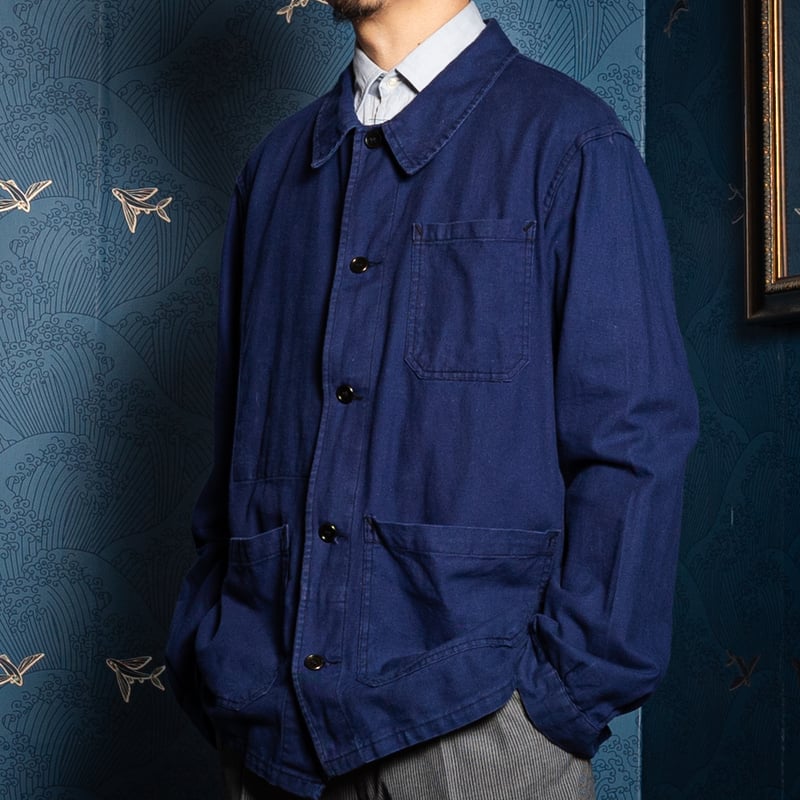40-50s France Vintage Blue Cotton Twill Work Ja